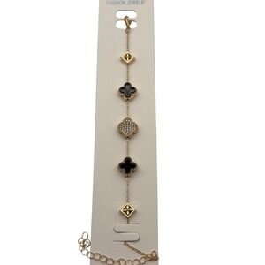 Gold Tone Clover Bracelet Rhinestone Black Enamel‎ Fashion Jewelry